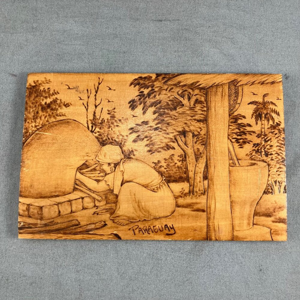 Wood wall plaque Paraguay Hand crafted Woodburning  9"x6"